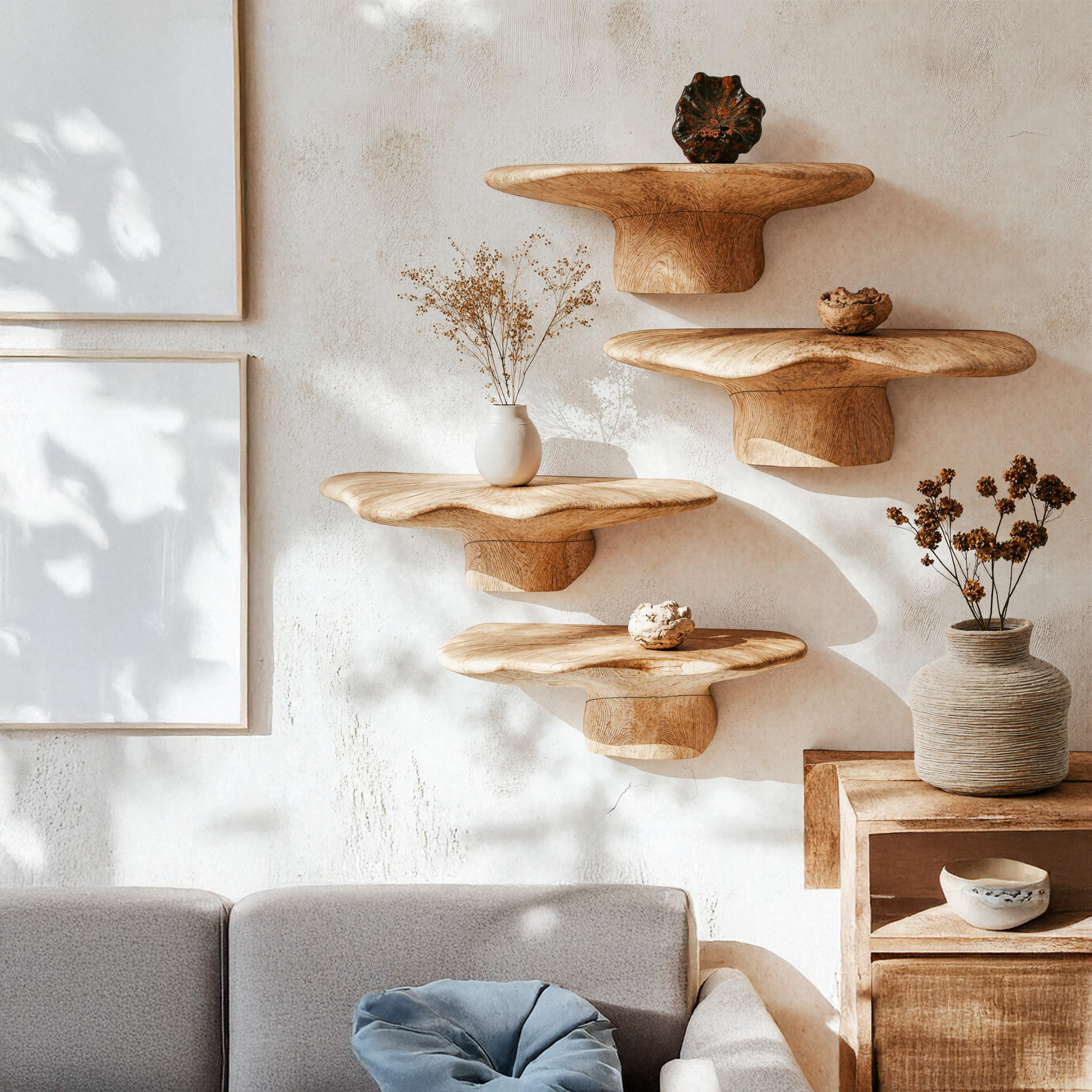 Handmade wood mushroom shelf for rustic home wall decor

