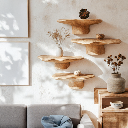 Handmade wood mushroom shelf for rustic home wall decor
