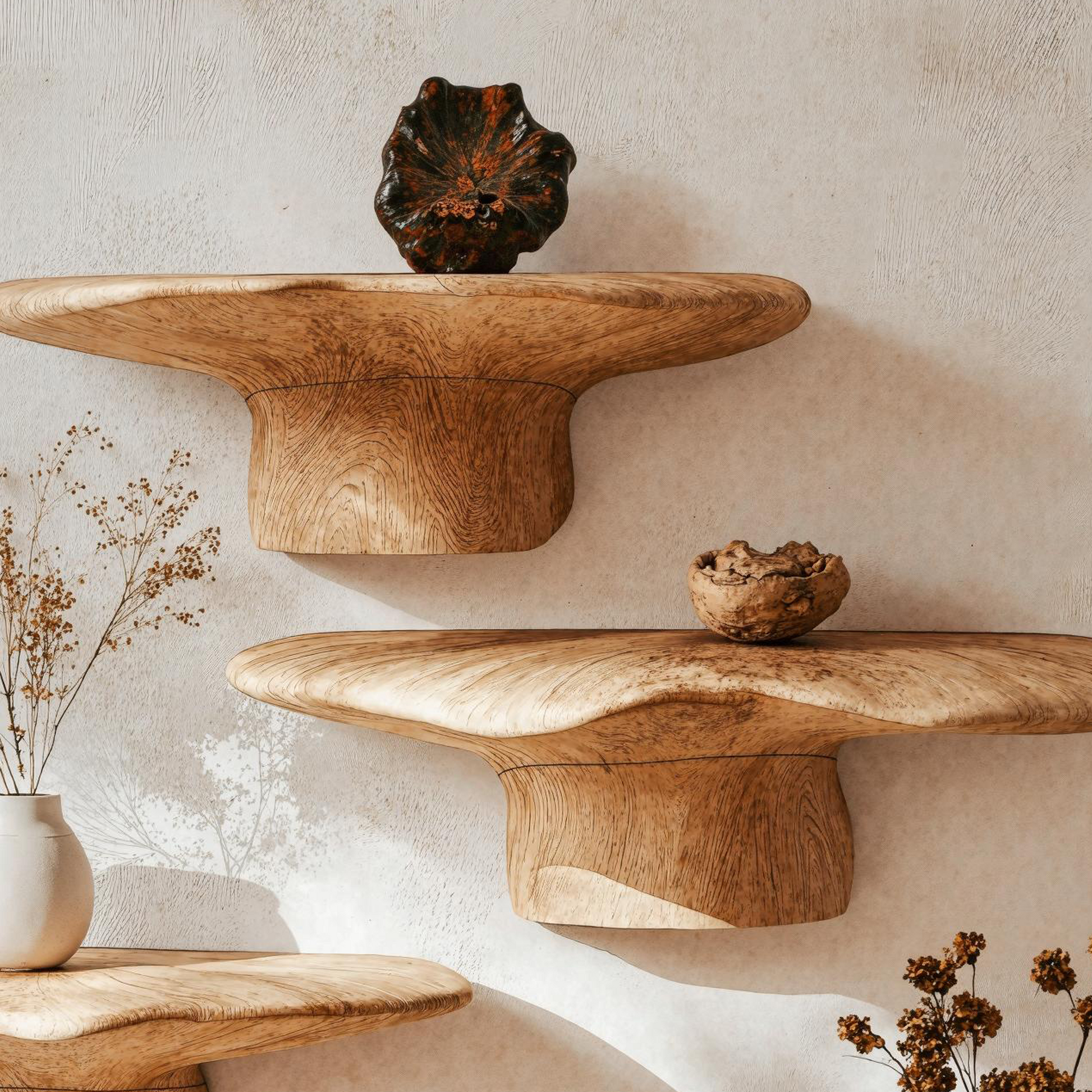 Handmade wood mushroom shelf for rustic home wall decor