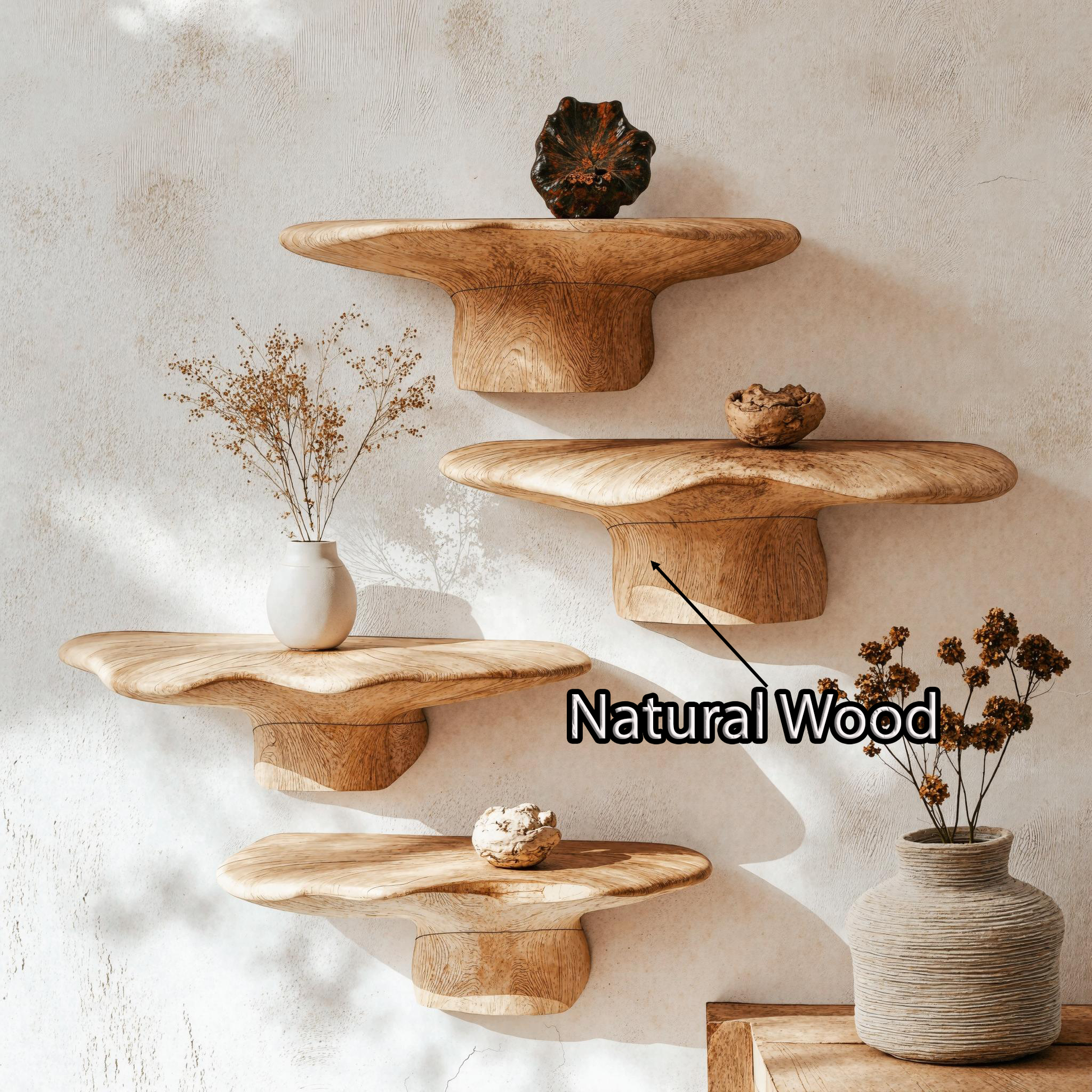 Handmade wood mushroom shelf for rustic home wall decor