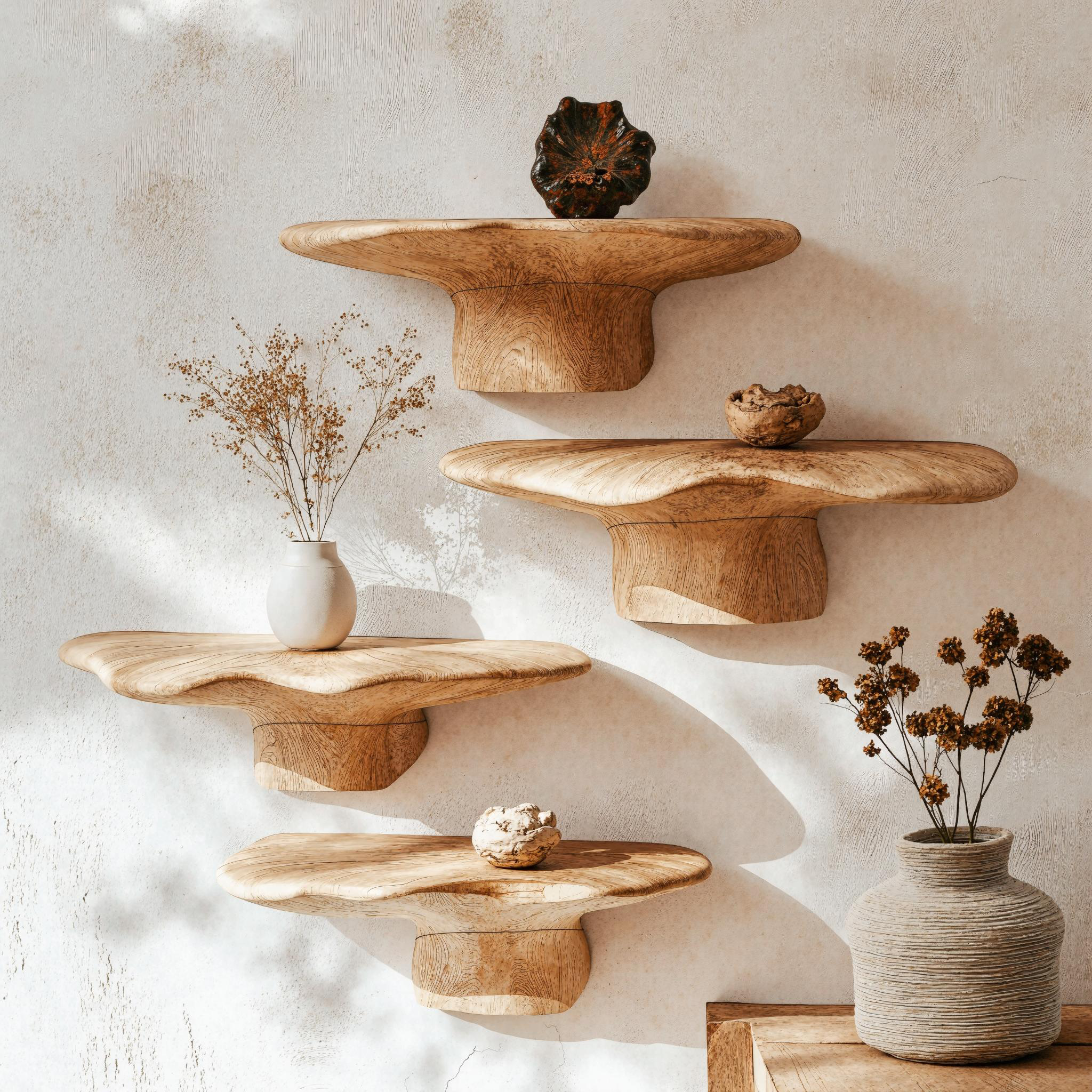 Handmade wood mushroom shelf for rustic home wall decor