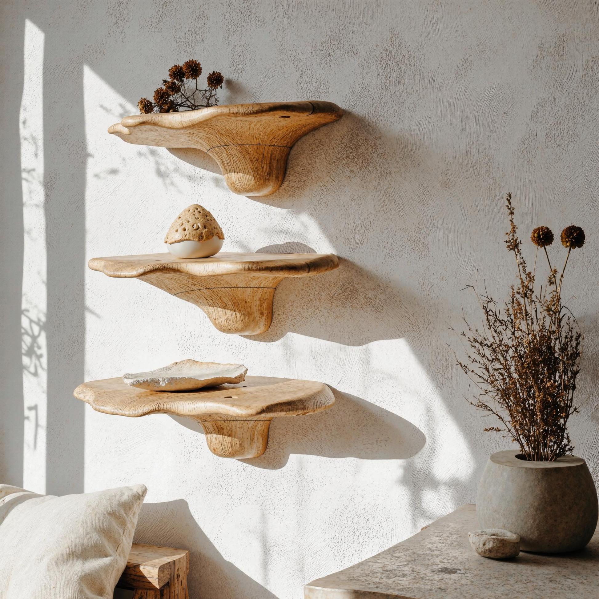 Nature-inspired wooden mushroom wall shelf for rustic home decor