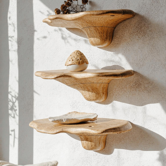 Nature-inspired wooden mushroom wall shelf for rustic home decor
