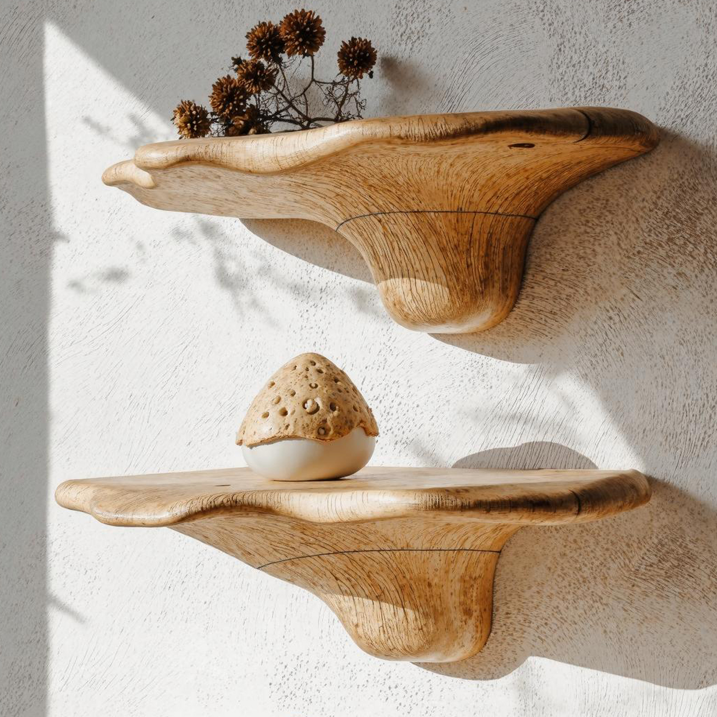 Nature-inspired wooden mushroom wall shelf for rustic home decor