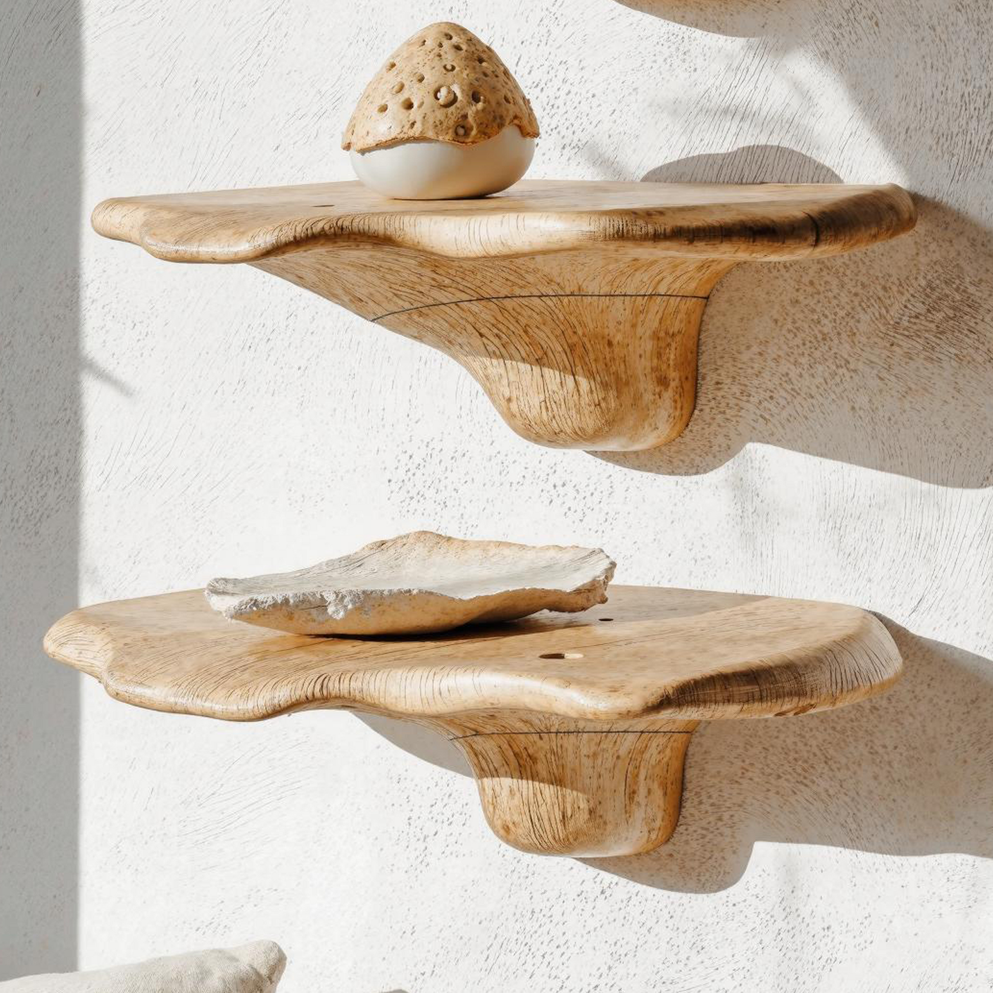 Nature-inspired wooden mushroom wall shelf for rustic home decor