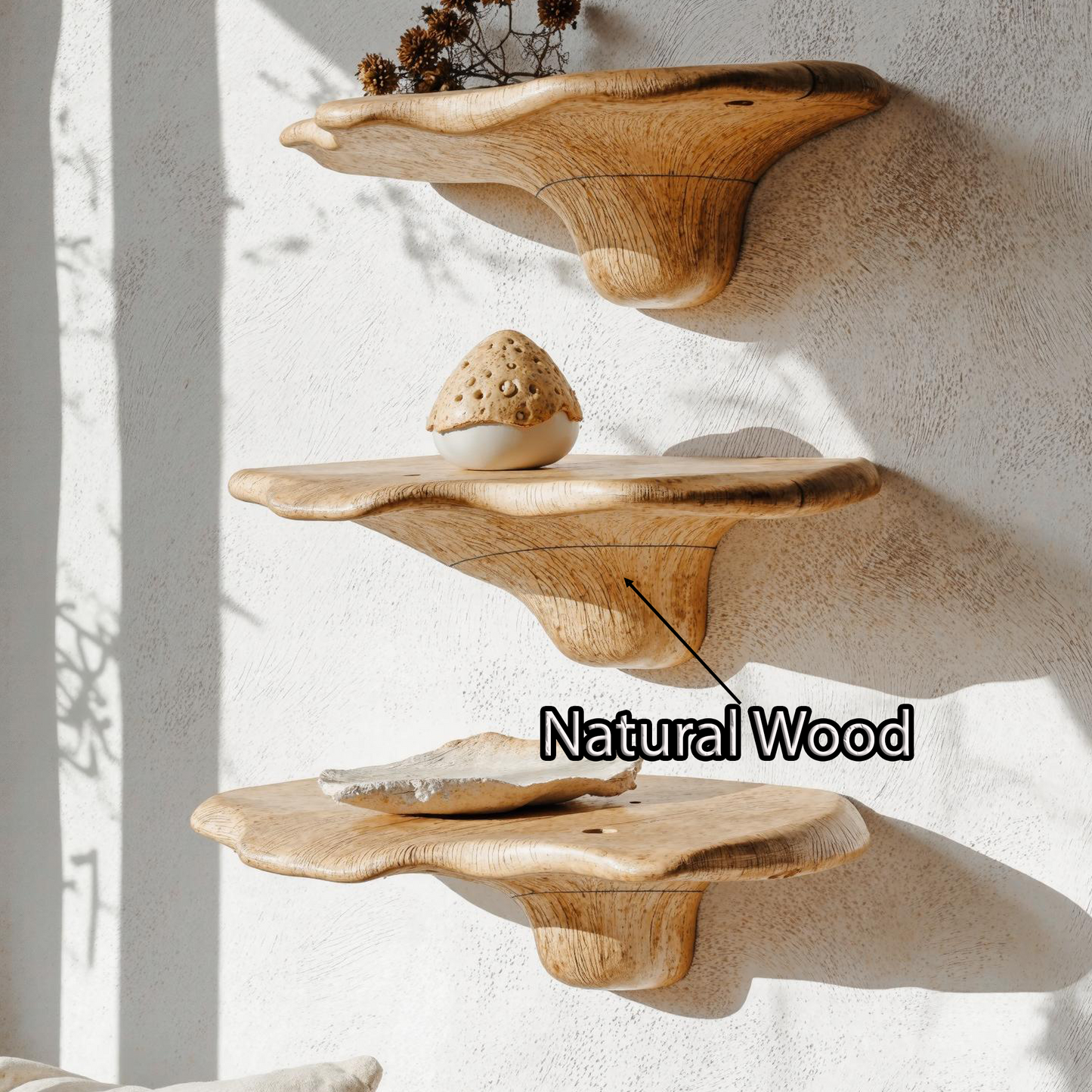 Nature-inspired wooden mushroom wall shelf for rustic home decor