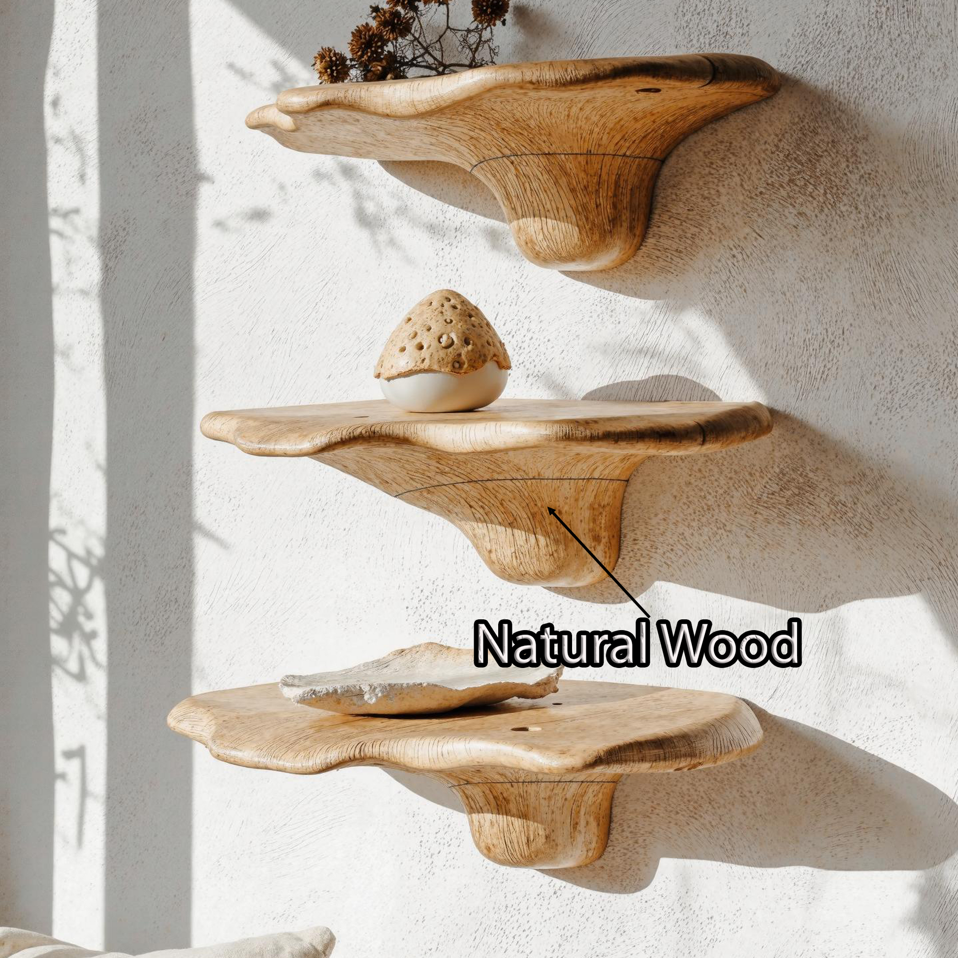 Nature-inspired wooden mushroom wall shelf for rustic home decor